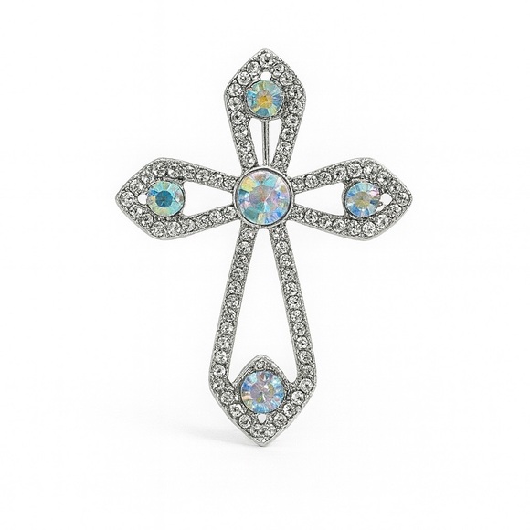 The Unbranded Brand Jewelry - ⚜️ Elegant Silver Cross Brooch with Crystal Accents